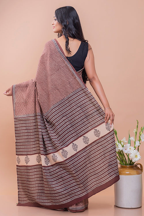 TICH Summer Classics. Bagru Block Printed Mulmul Cotton Saree - Brown Buds