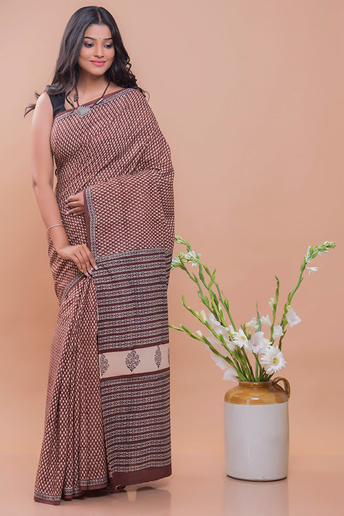 TICH Summer Classics. Bagru Block Printed Mulmul Cotton Saree - Brown Buds