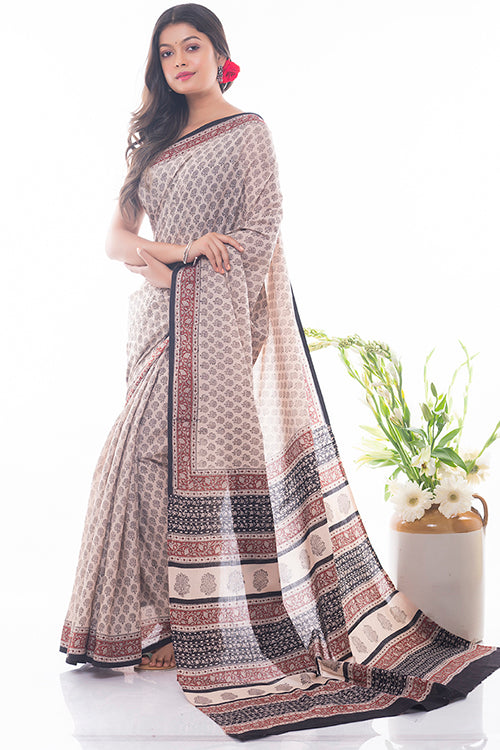 White Rose Bagru Block Printed Mulmul Cotton Saree Online