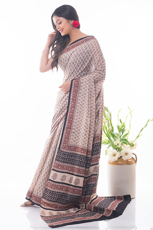 White Rose Bagru Block Printed Mulmul Cotton Saree Online