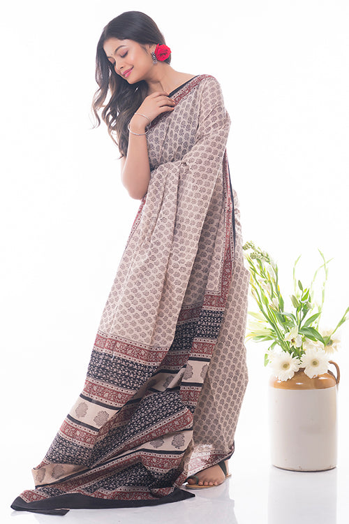 TICH Summer Classics. Bagru Block Printed Mulmul Cotton Saree - White Rose