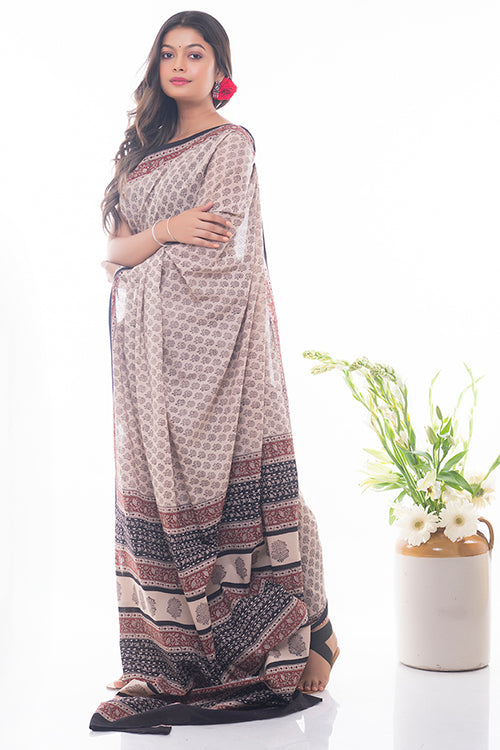 TICH Summer Classics. Bagru Block Printed Mulmul Cotton Saree - White Rose