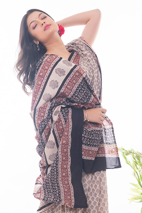 TICH Summer Classics. Bagru Block Printed Mulmul Cotton Saree - White Rose