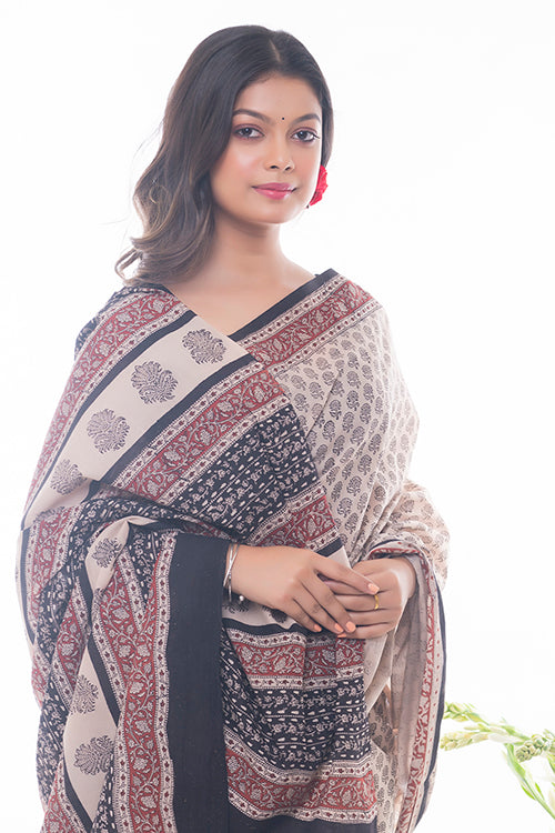 TICH Summer Classics. Bagru Block Printed Mulmul Cotton Saree - White Rose