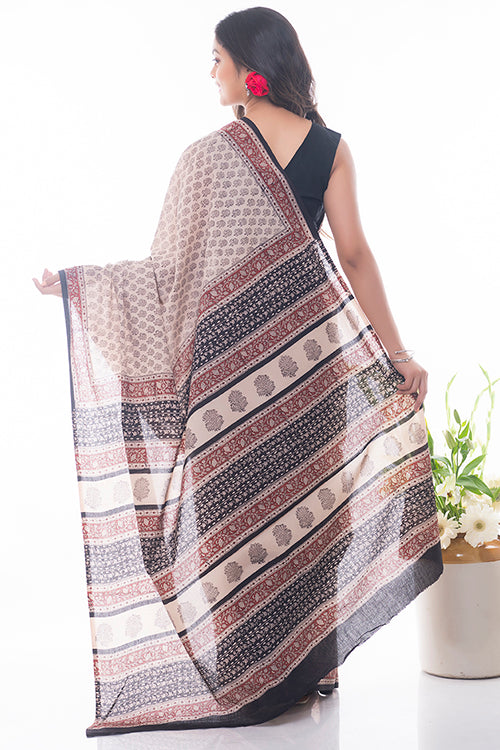 TICH Summer Classics. Bagru Block Printed Mulmul Cotton Saree - White Rose