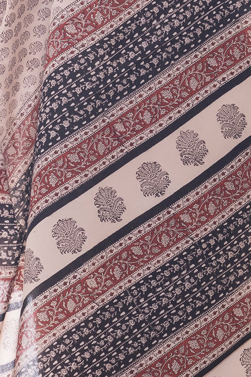 TICH Summer Classics. Bagru Block Printed Mulmul Cotton Saree - White Rose