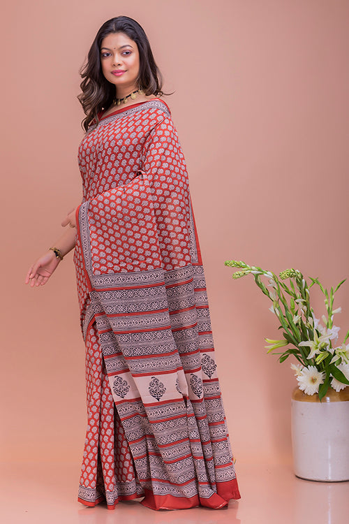 TICH Summer Classics. Bagru Block Printed Mulmul Cotton Saree - Red Rose