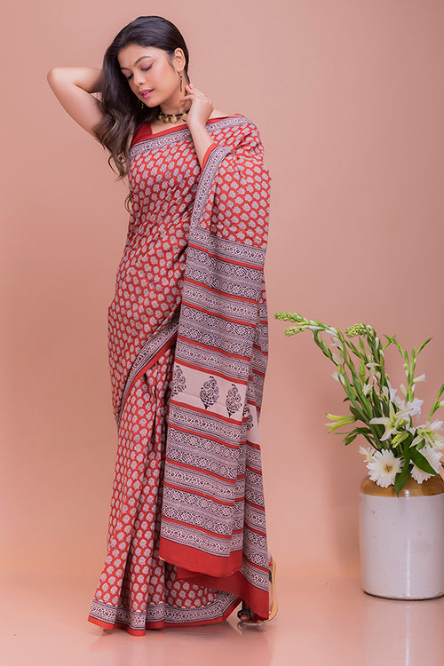 TICH Summer Classics. Bagru Block Printed Mulmul Cotton Saree - Red Rose