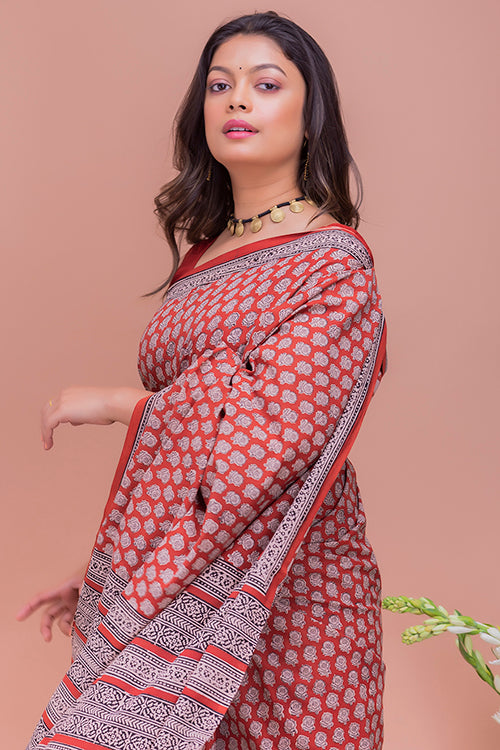 Red Rose Bagru Block Printed Mulmul Cotton Saree Online