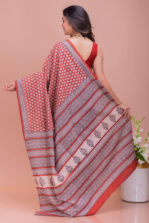 TICH Summer Classics. Bagru Block Printed Mulmul Cotton Saree - Red Rose