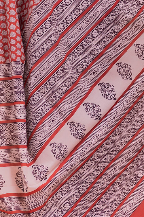 Red Rose Bagru Block Printed Mulmul Cotton Saree Online