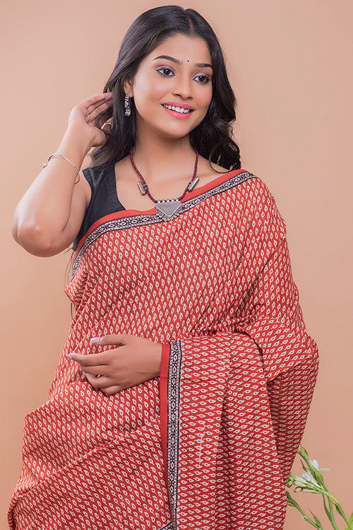 TICH Summer Classics. Bagru Block Printed Mulmul Cotton Saree - Red Leaf