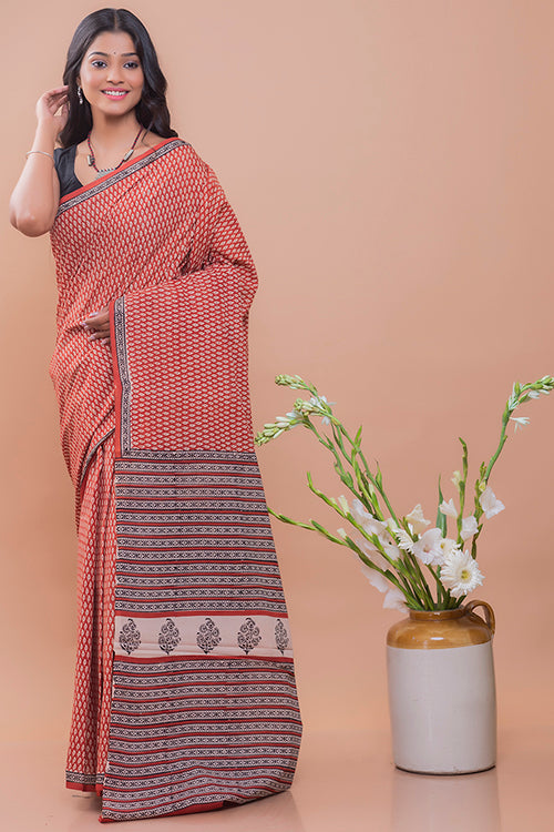 TICH Summer Classics. Bagru Block Printed Mulmul Cotton Saree - Red Leaf