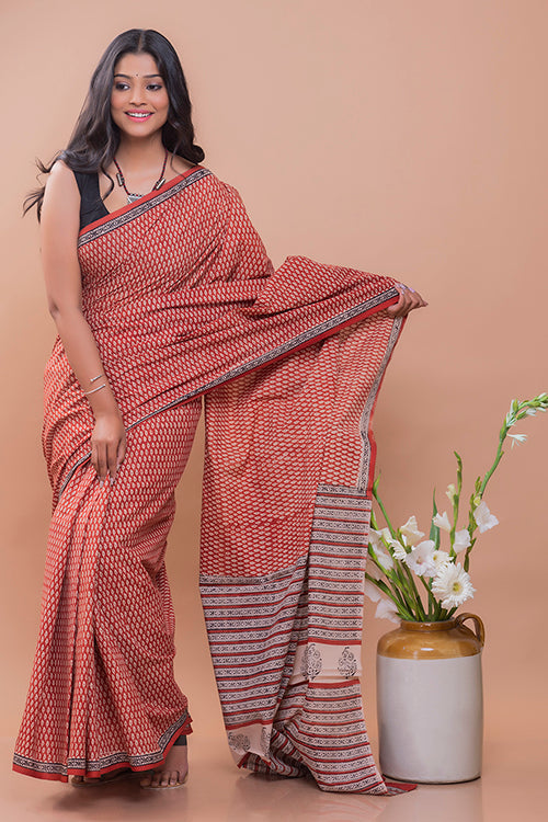 Red Leaf Bagru Block Printed Mulmul Cotton Saree Online