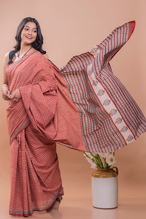 Red Leaf Bagru Block Printed Mulmul Cotton Saree Online