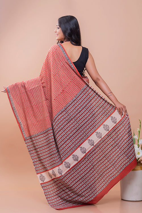 TICH Summer Classics. Bagru Block Printed Mulmul Cotton Saree - Red Leaf