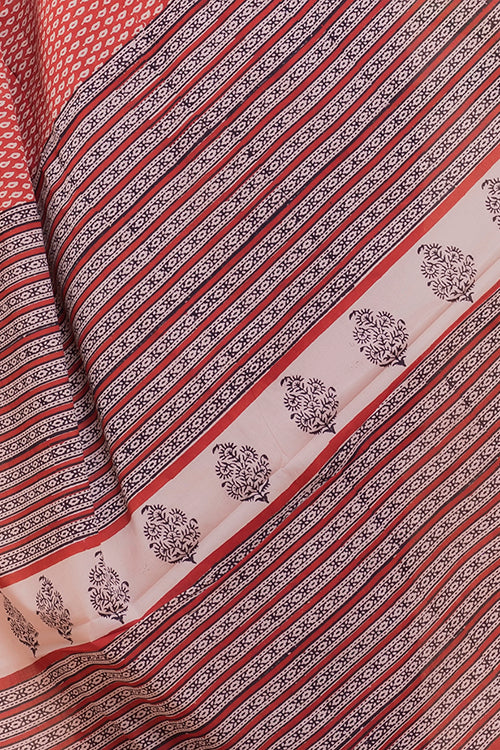 TICH Summer Classics. Bagru Block Printed Mulmul Cotton Saree - Red Leaf
