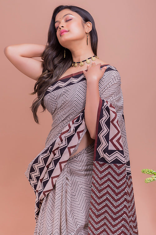 TICH Summer Classics. Bagru Block Printed Mulmul Cotton Saree - Beige & Black Zigzags
