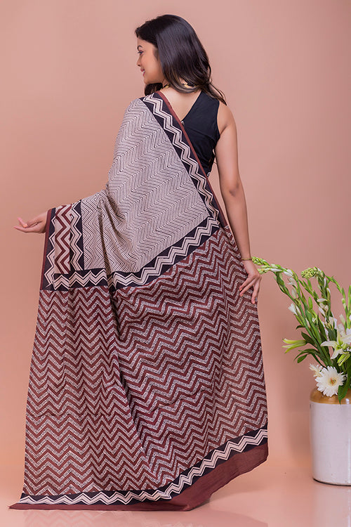 TICH Summer Classics. Bagru Block Printed Mulmul Cotton Saree - Beige & Black Zigzags