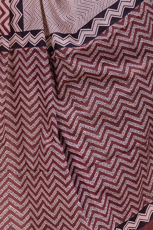 Beige & Black Zigzags Bagru Block Printed Mulmul Cotton Saree Online