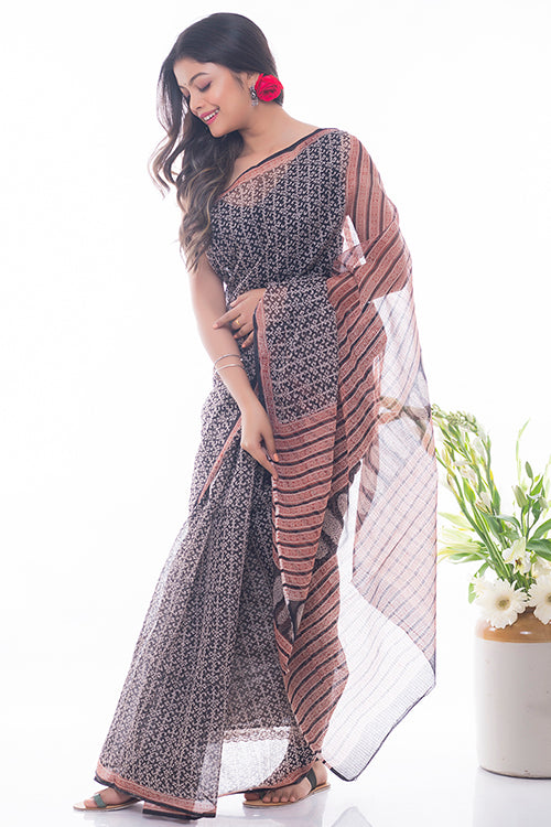 Mosaic Bagru Block Printed Kota Doria Saree Online