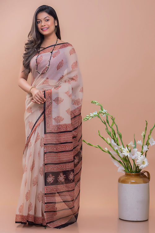 Beige Motif Bagru Block Printed Kota Doria Saree Online