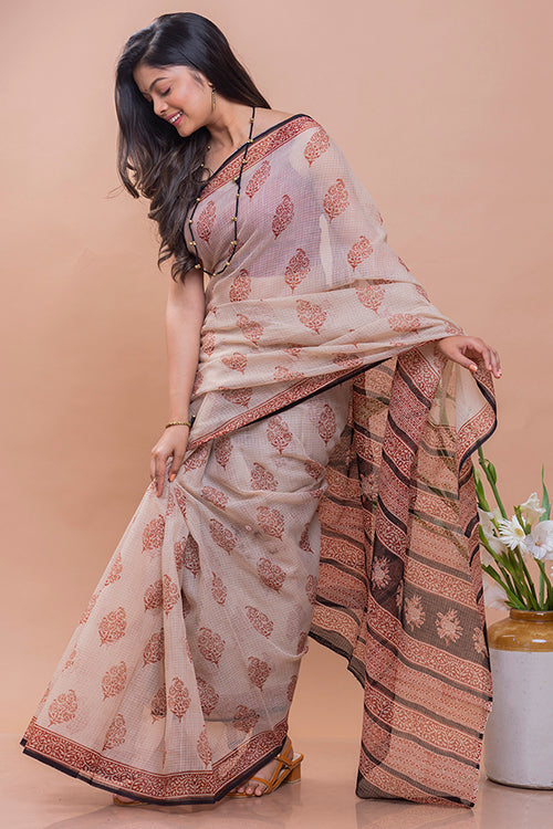 TICH Summer Moods. Bagru Block Printed Kota Doria Saree - Beige Motif