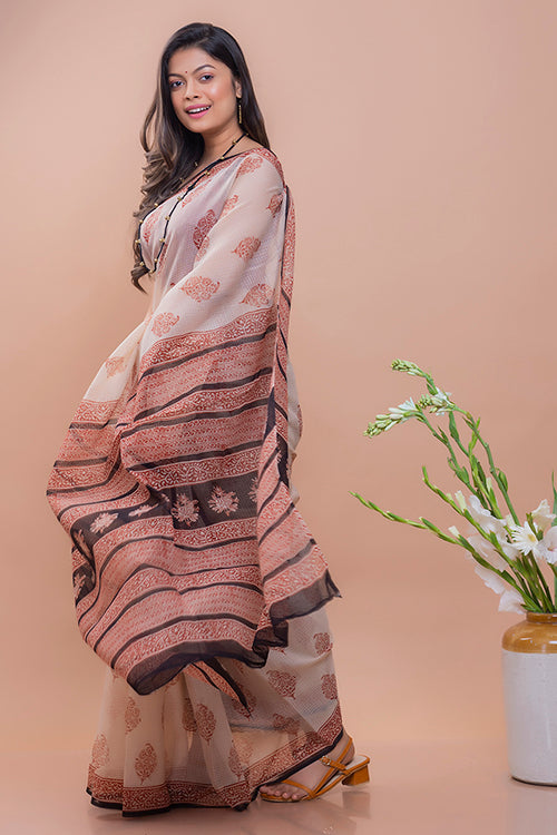 TICH Summer Moods. Bagru Block Printed Kota Doria Saree - Beige Motif