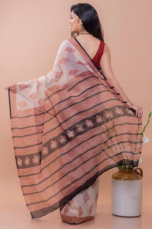 TICH Summer Moods. Bagru Block Printed Kota Doria Saree - Beige Motif