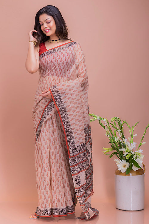 Beige & Red Leaves Bagru Block Printed Kota Doria Saree Online