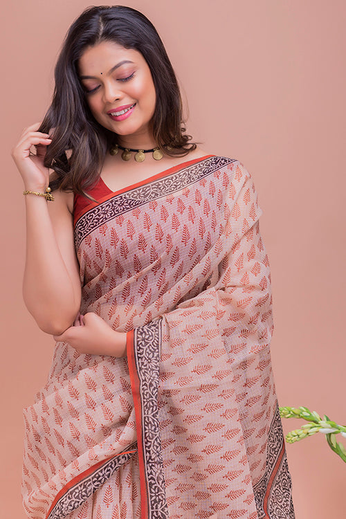 Beige & Red Leaves Bagru Block Printed Kota Doria Saree Online