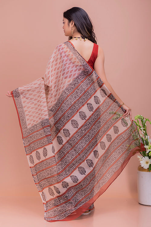 TICH Summer Moods. Bagru Block Printed Kota Doria Saree - Beige & Red Leaves