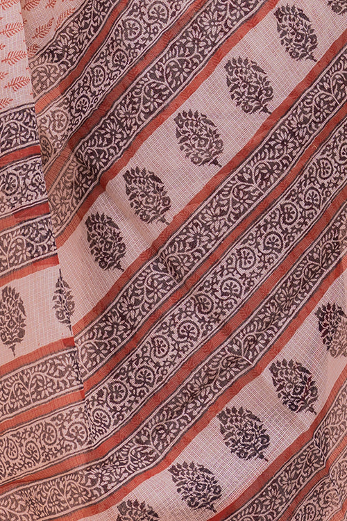 TICH Summer Moods. Bagru Block Printed Kota Doria Saree - Beige & Red Leaves