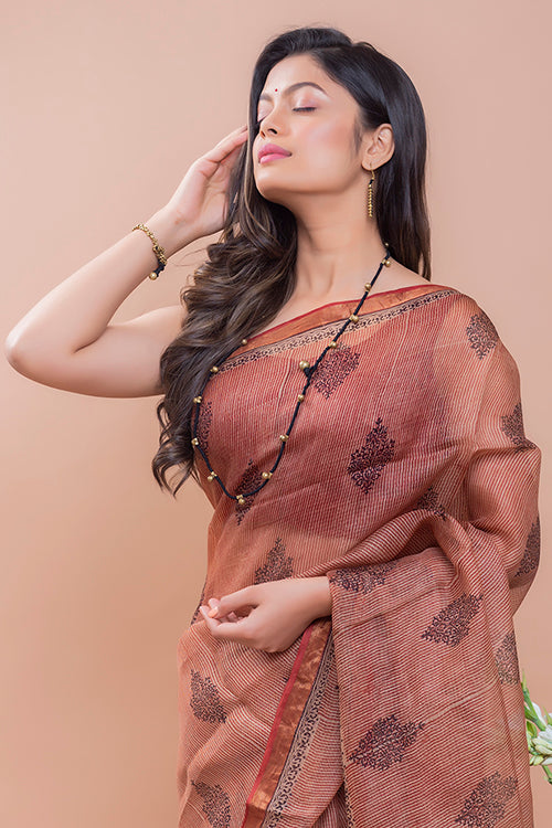 TICH Classic Elegance. Bagru Block Printed Kota Silk Doria Saree - Red Ornate