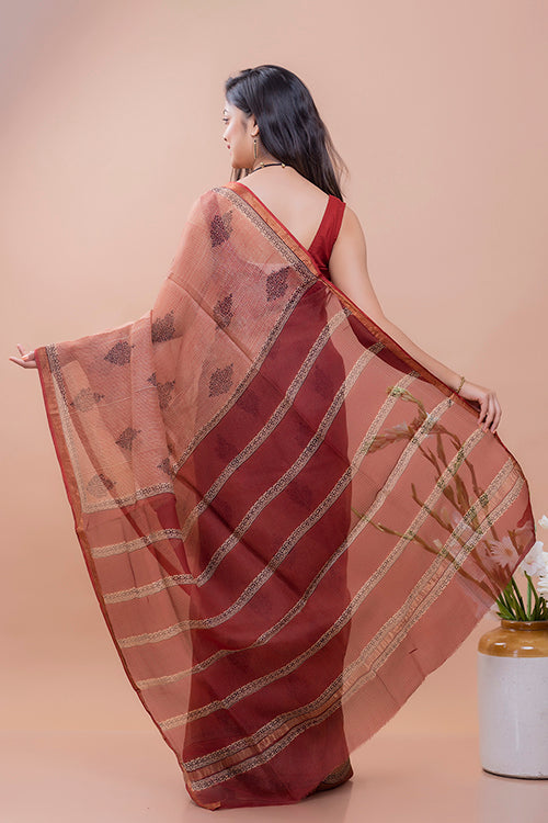 TICH Classic Elegance. Bagru Block Printed Kota Silk Doria Saree - Red Ornate