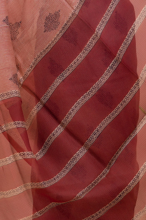 TICH Classic Elegance. Bagru Block Printed Kota Silk Doria Saree - Red Ornate