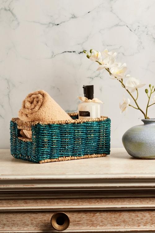 Handmade Sabai Grass Towel Basket - Small(Indigo)
