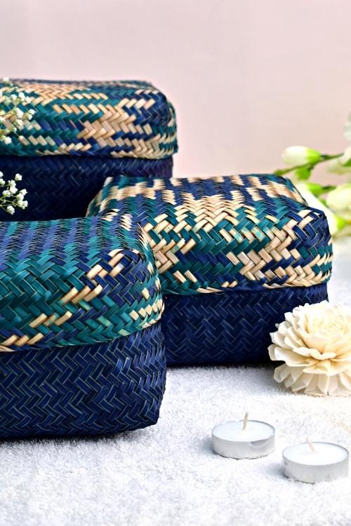 Kadam Haat Handmade Sitalpati  Gift Box Set Of 3 (Indigo)