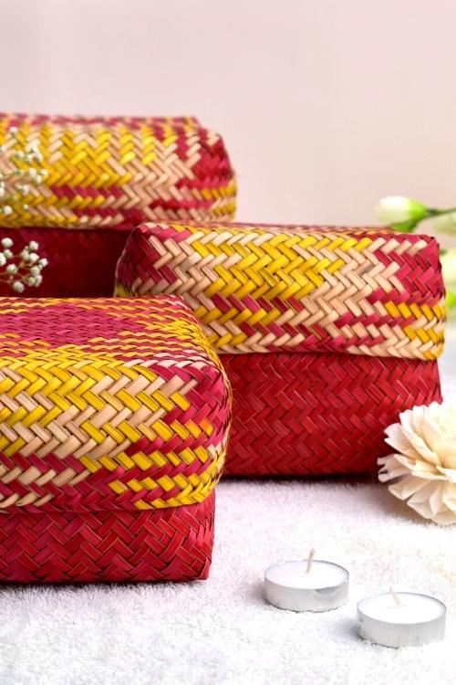 Kadam Haat Handmade Sitalpati Gift Box Set Of 3 (Red & Yellow)