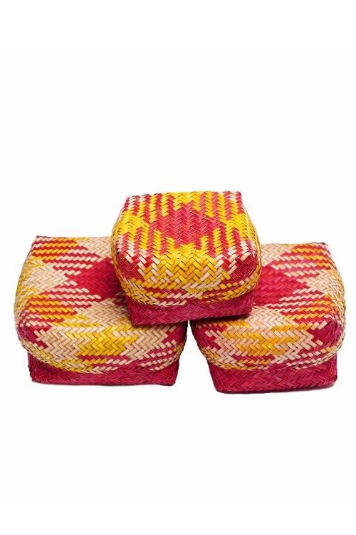 Kadam Haat Handmade Sitalpati Gift Box Set Of 3 (Red & Yellow)