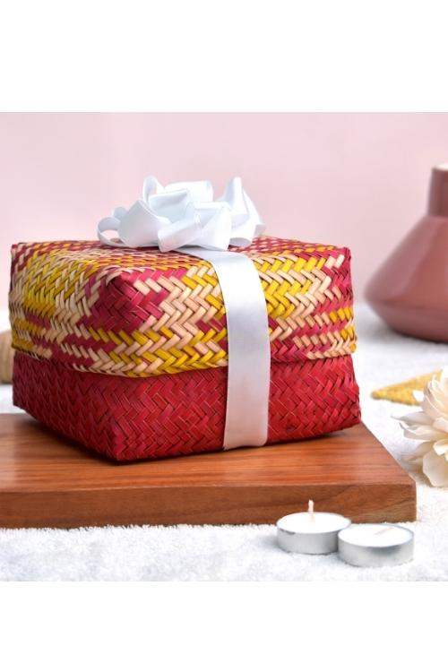 Kadam Haat Handmade Sitalpati  Gift Box Set Of 3 (Red & Yellow)