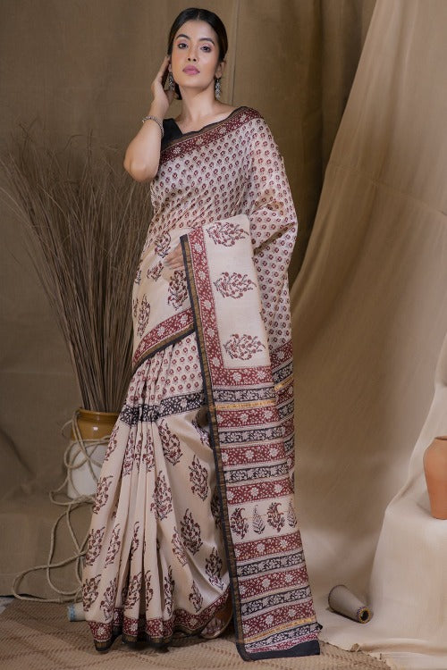 Bagh Bahar Bagru Block Printed Chanderi Silk Saree Online
