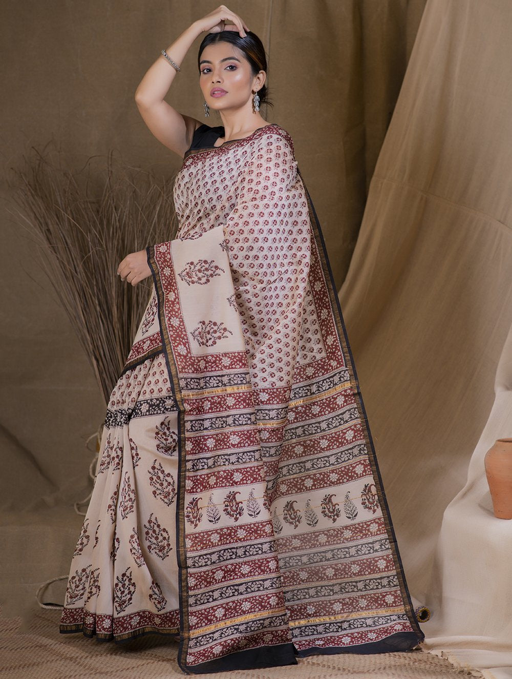 Bagh Bahar Bagru Block Printed Chanderi Silk Saree Online