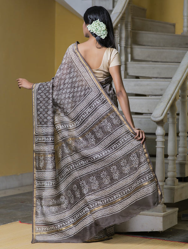 Bagru Block Printed Chanderi Saree - Bud (With Blouse Piece)