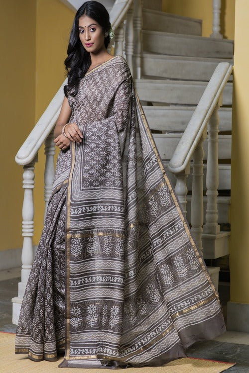 Bud Bagru Block Printed Chanderi Silk Saree Online