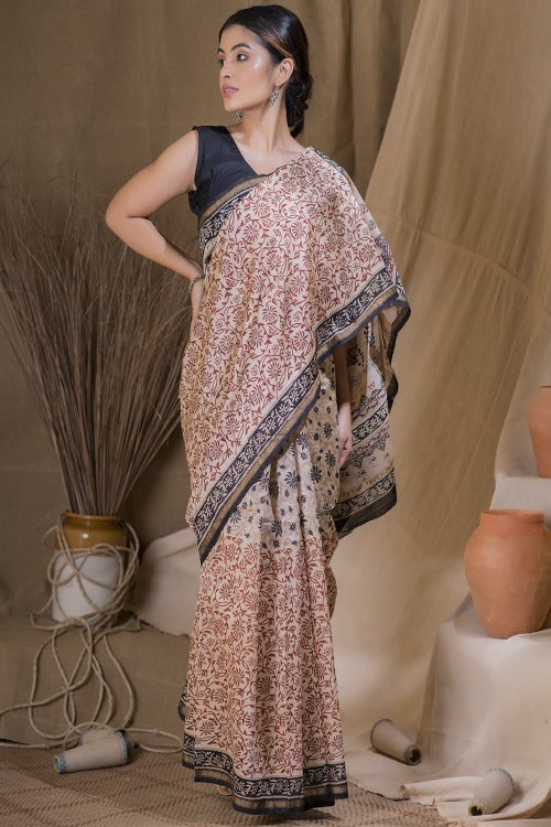 Floral Grace Bagru Block Printed Chanderi Silk Saree Online