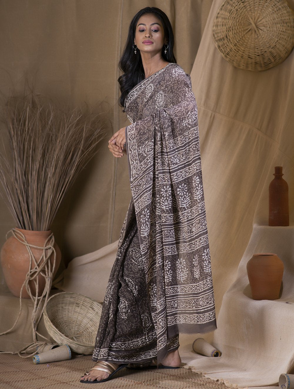 Bagru Block Printed Georgette Saree - Floral Ambi (With Blouse Piece)