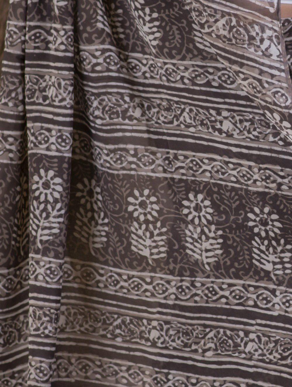 Bagru Block Printed Georgette Saree - Floral Ambi (With Blouse Piece)