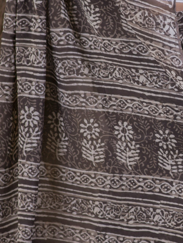 Bagru Block Printed Georgette Saree - Floral Ambi (With Blouse Piece)