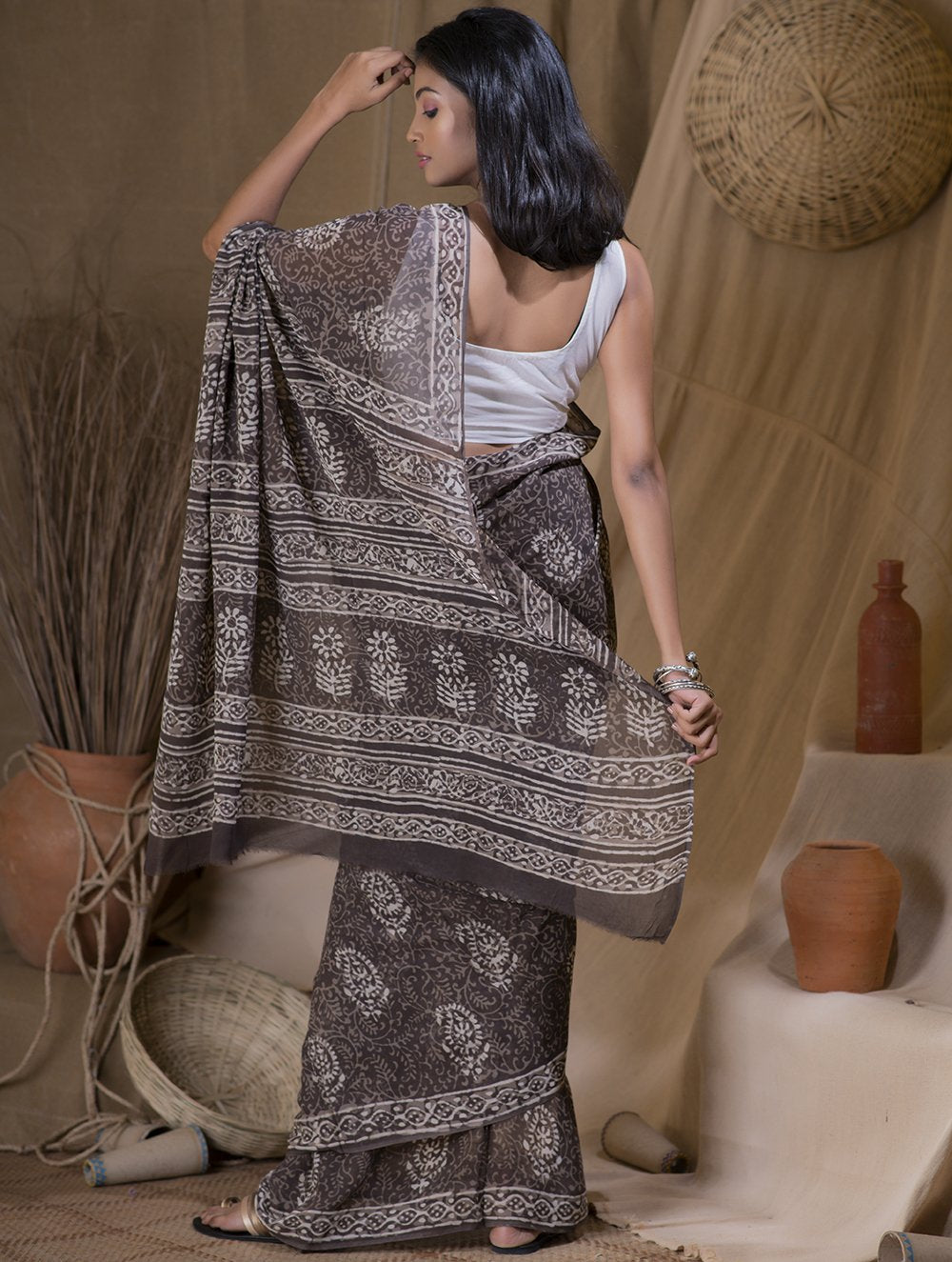 Bagru Block Printed Georgette Saree - Floral Ambi (With Blouse Piece)